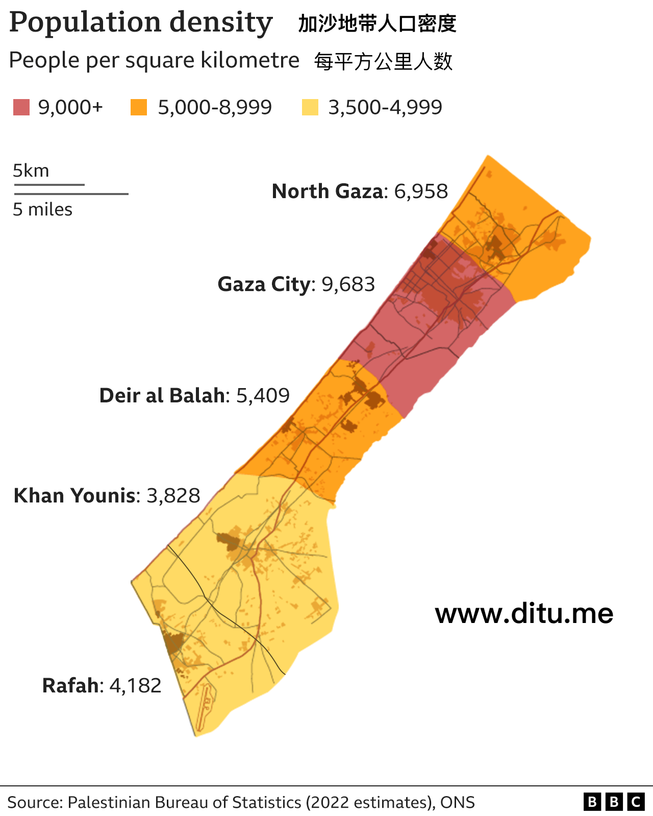 加沙地区人口密度分布图