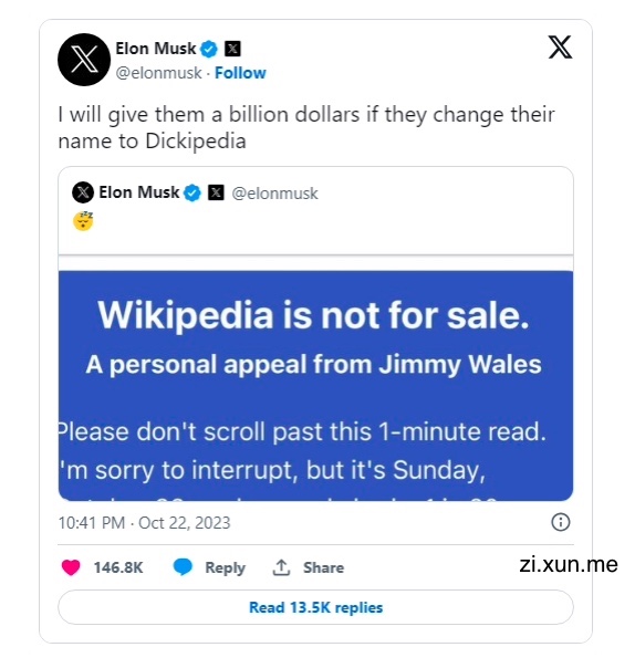 马斯克发推调侃维基百科筹款活动